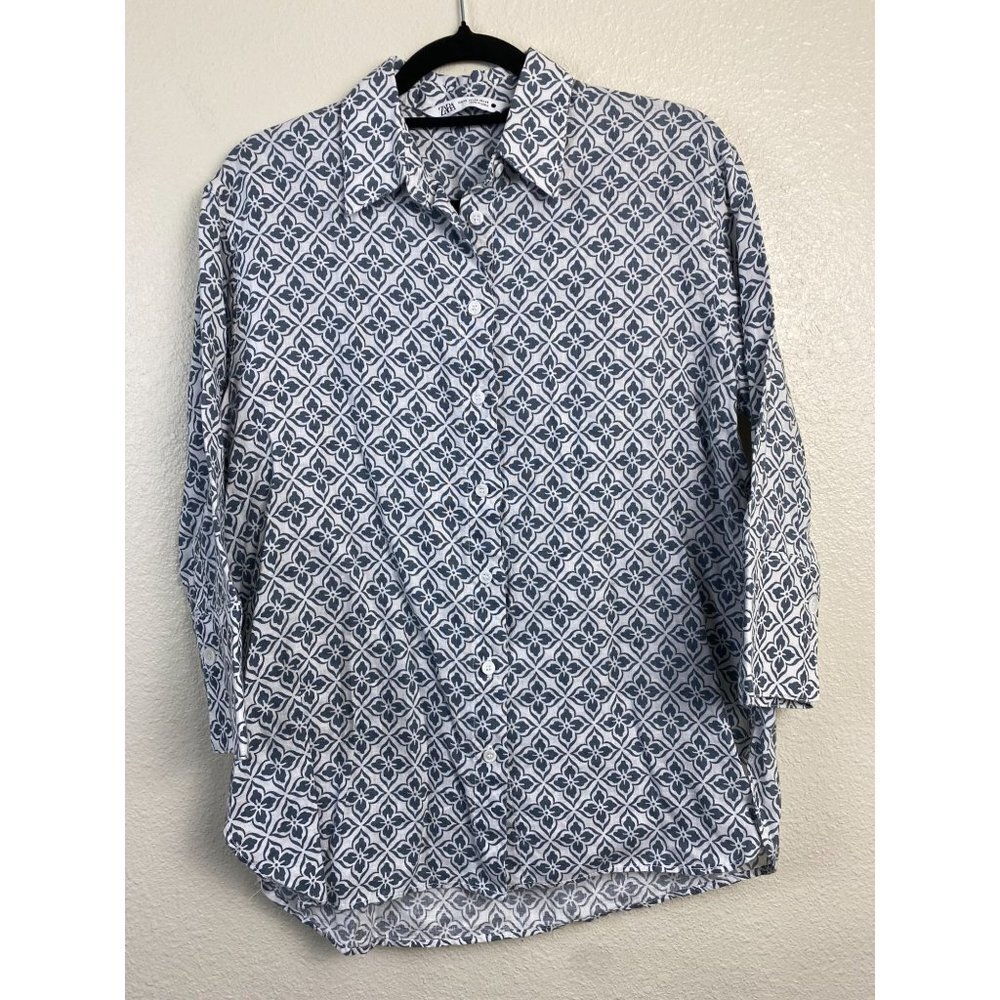 Zara Linen Womens Top size XS Printed Button Vacation Floral Vacation Lagenlook